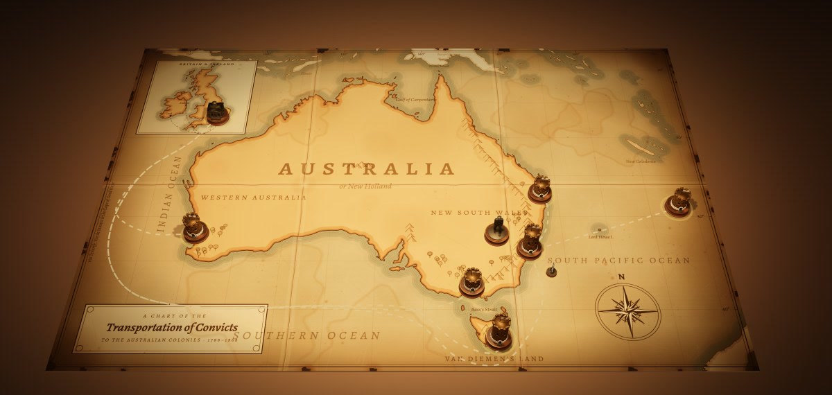 A 3D chart of Australia on a table, with a tower at each convict settlement and dotted routes from Britain
